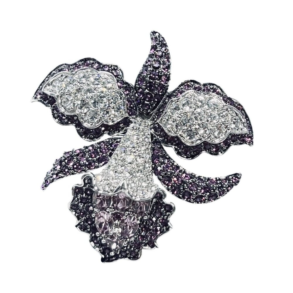 Nolan Miller Silver Tone With Purple And Clear Rhinestone Orchid Brooch (5965)